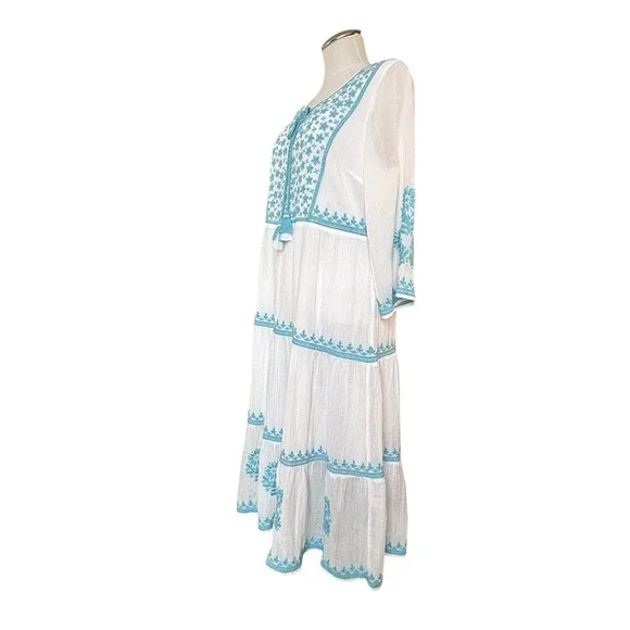 Soft Surroundings Gauzey Juniper Dress Blue White Embroidered Sz Medium Cotton - Picture 7 of 16